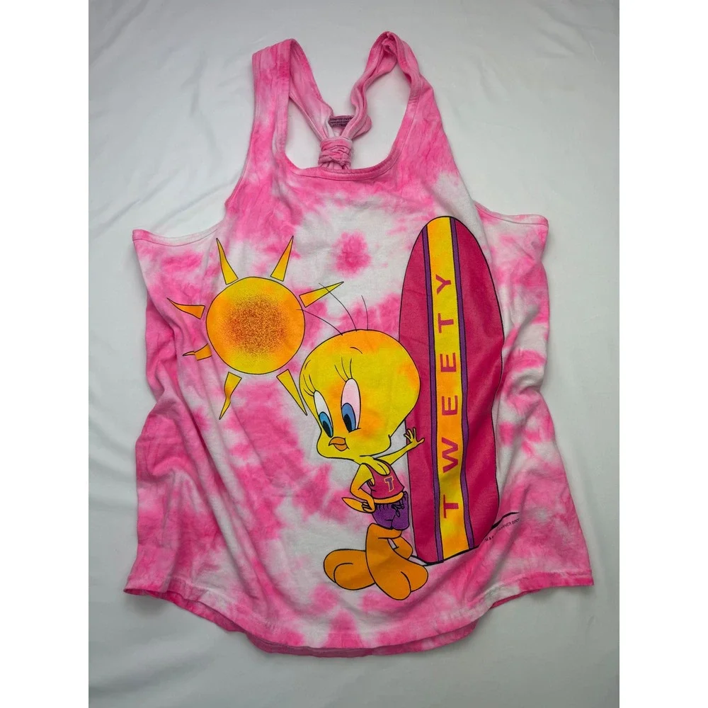 Vintage 1997 Warner Bros Tweety Bird Tie Dye Beach Cover Up Mini Dress Pink OS‎